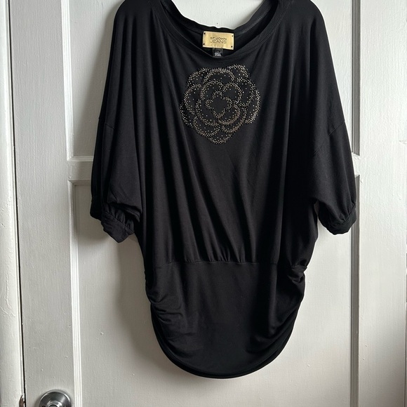 St. John Jeans Black Embellished Dolman Women's Top Sz L - Picture 1 of 5